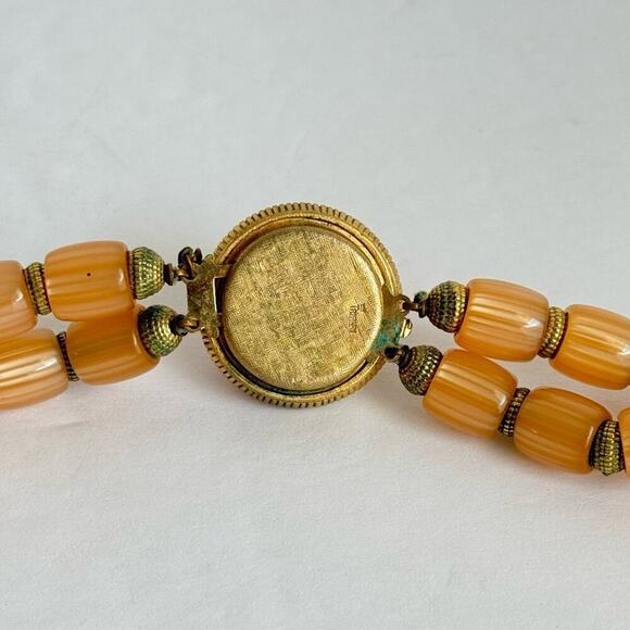 Trifari Moonglow Necklace Multi-Strand Beaded Vintage Crown Peach Orange Lucite - Picture 9 of 10